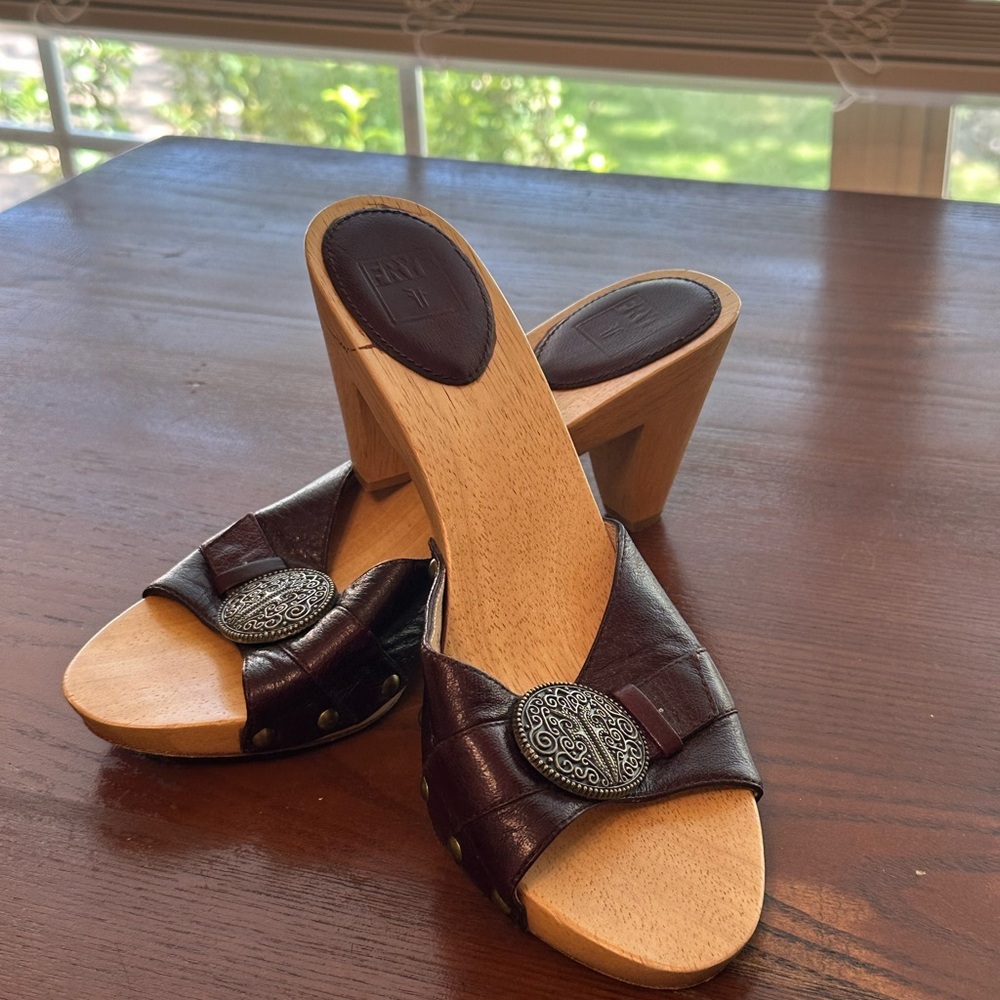 Frye Brown Leather Mules with Wooden Heel